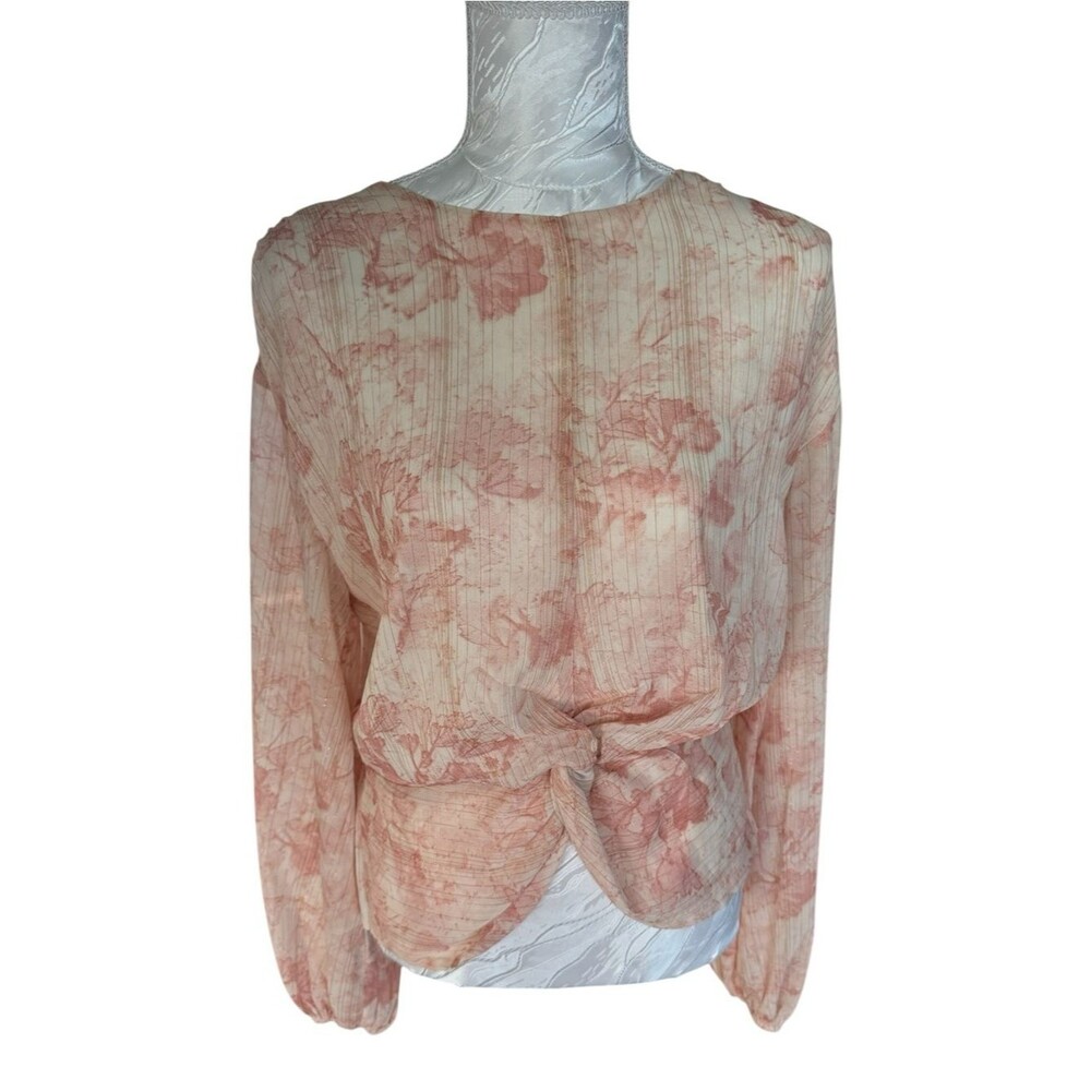 Express Pink Cream Twist-Front Floral Long Sleeve Blouse
